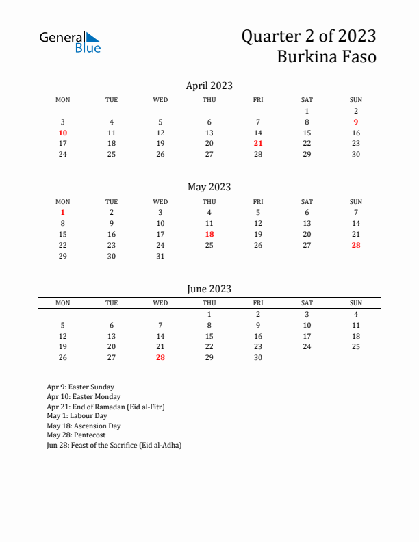 Quarter 2 2023 Burkina Faso Quarterly Calendar