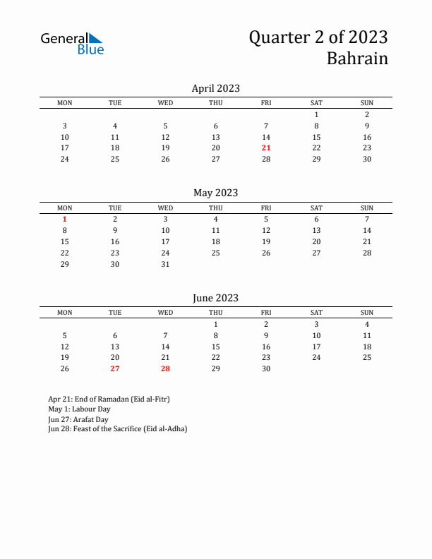 Quarter 2 2023 Bahrain Quarterly Calendar