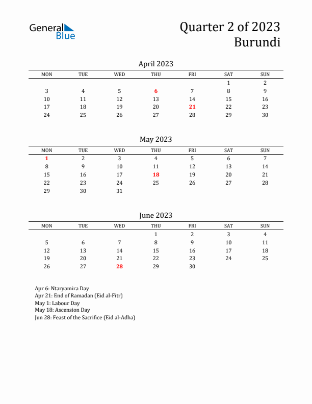 Quarter 2 2023 Burundi Quarterly Calendar