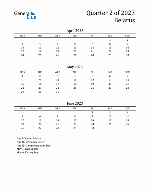 Quarter 2 2023 Belarus Quarterly Calendar