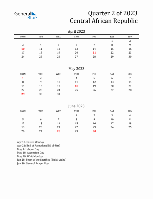 Quarter 2 2023 Central African Republic Quarterly Calendar