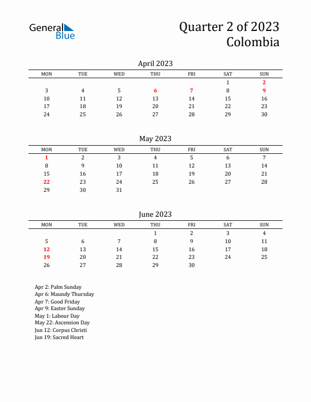 Quarter 2 2023 Colombia Quarterly Calendar