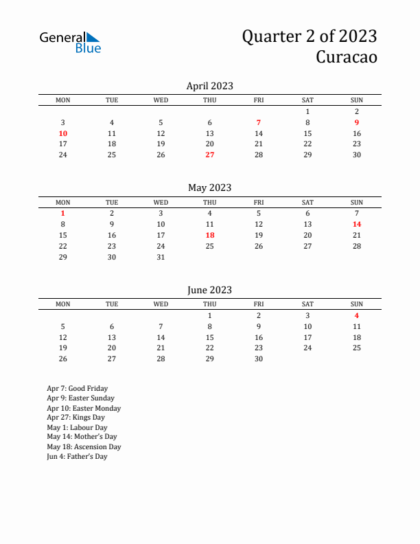 Quarter 2 2023 Curacao Quarterly Calendar