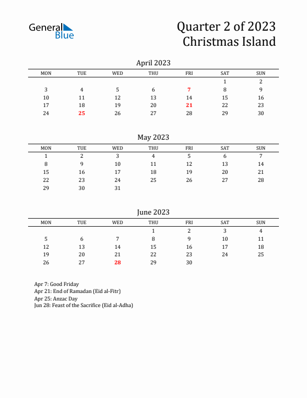 Quarter 2 2023 Christmas Island Quarterly Calendar