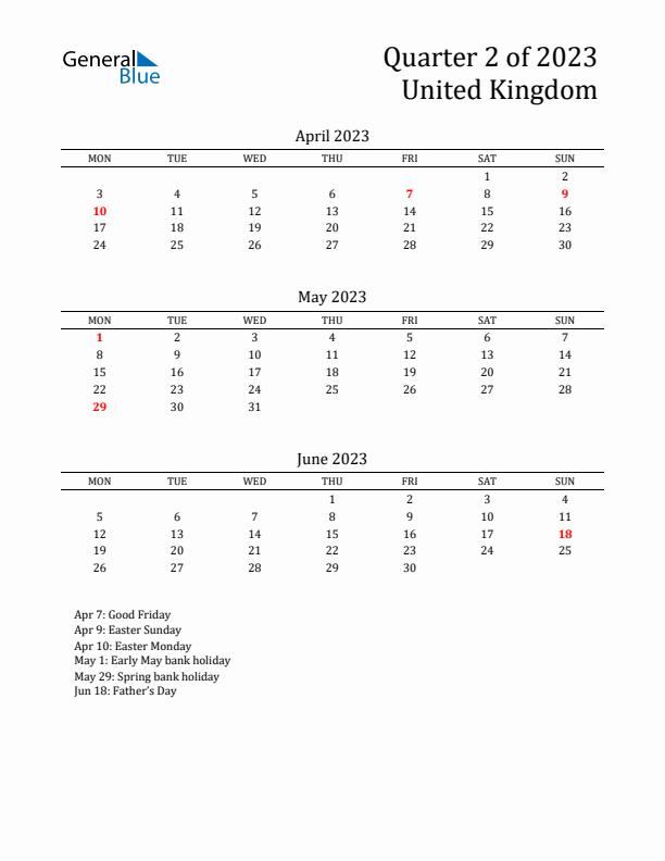 Quarter 2 2023 United Kingdom Quarterly Calendar