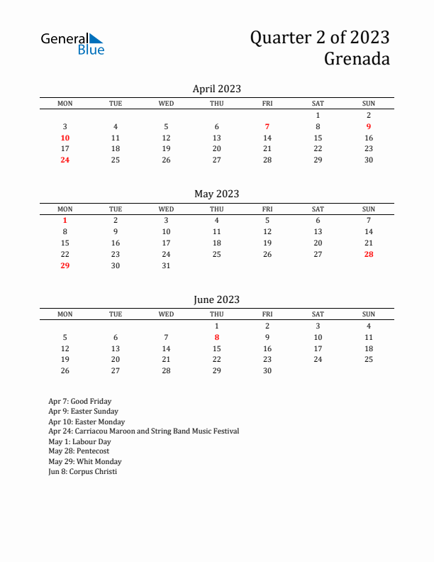 Quarter 2 2023 Grenada Quarterly Calendar