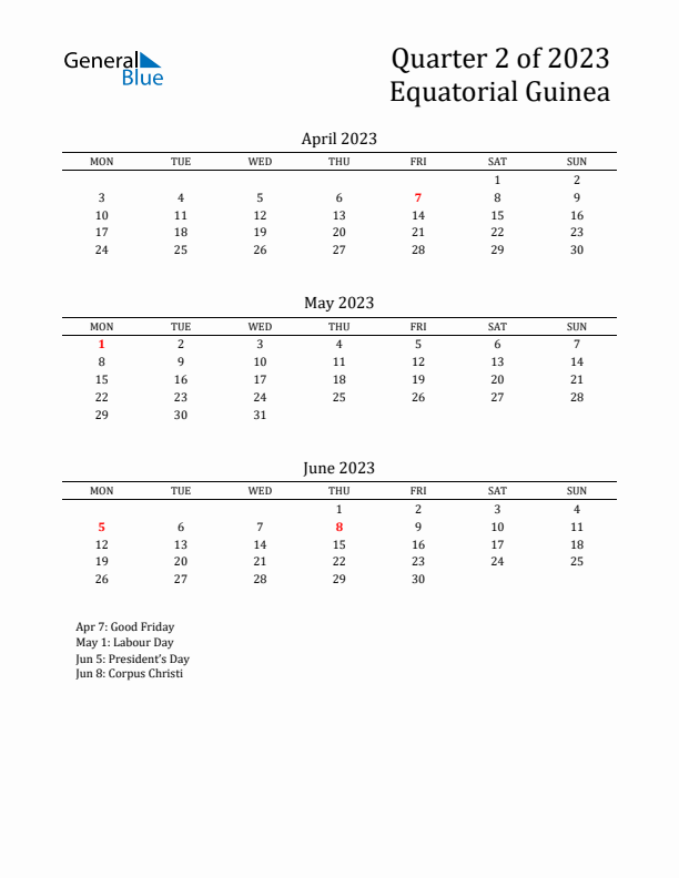 Quarter 2 2023 Equatorial Guinea Quarterly Calendar