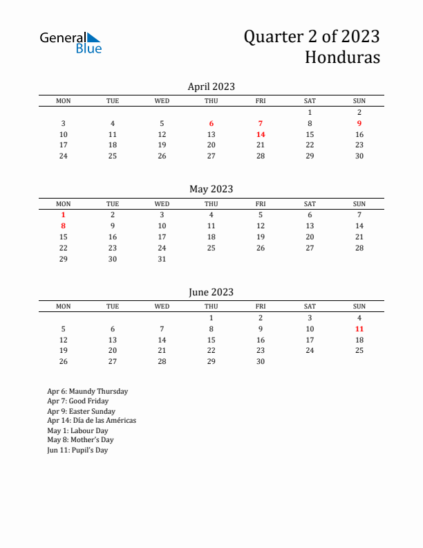 Quarter 2 2023 Honduras Quarterly Calendar