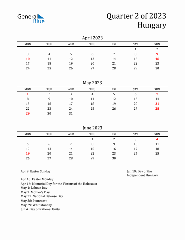 Quarter 2 2023 Hungary Quarterly Calendar