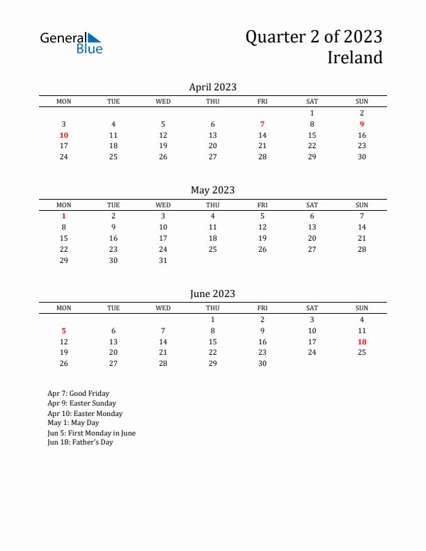 Quarter 2 2023 Ireland Quarterly Calendar