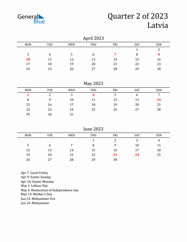 Quarter 2 2023 Latvia Quarterly Calendar