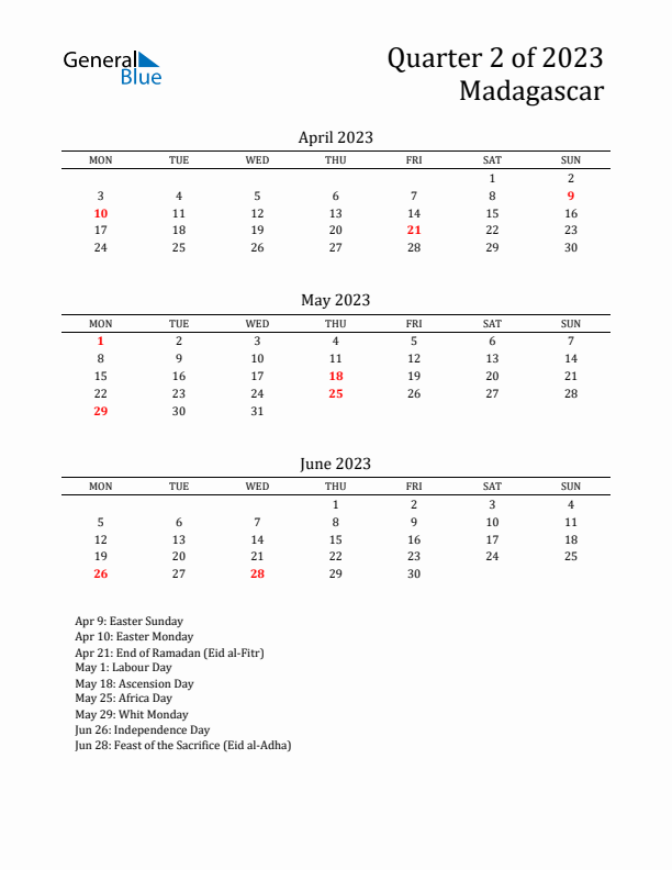 Quarter 2 2023 Madagascar Quarterly Calendar