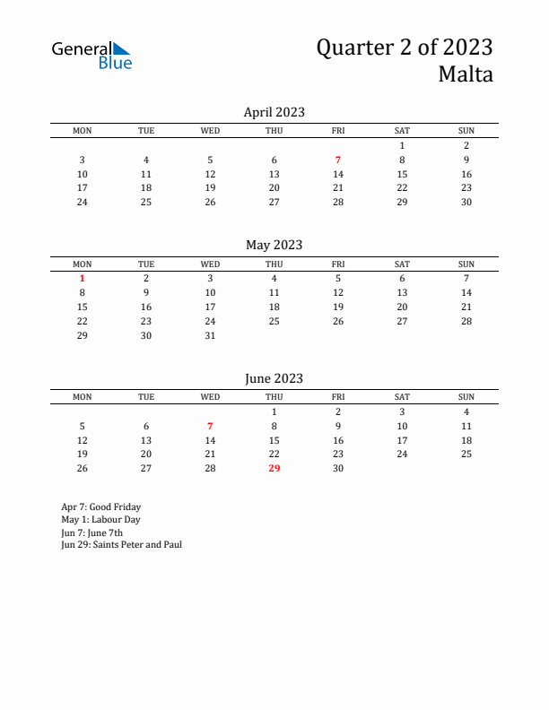 Quarter 2 2023 Malta Quarterly Calendar