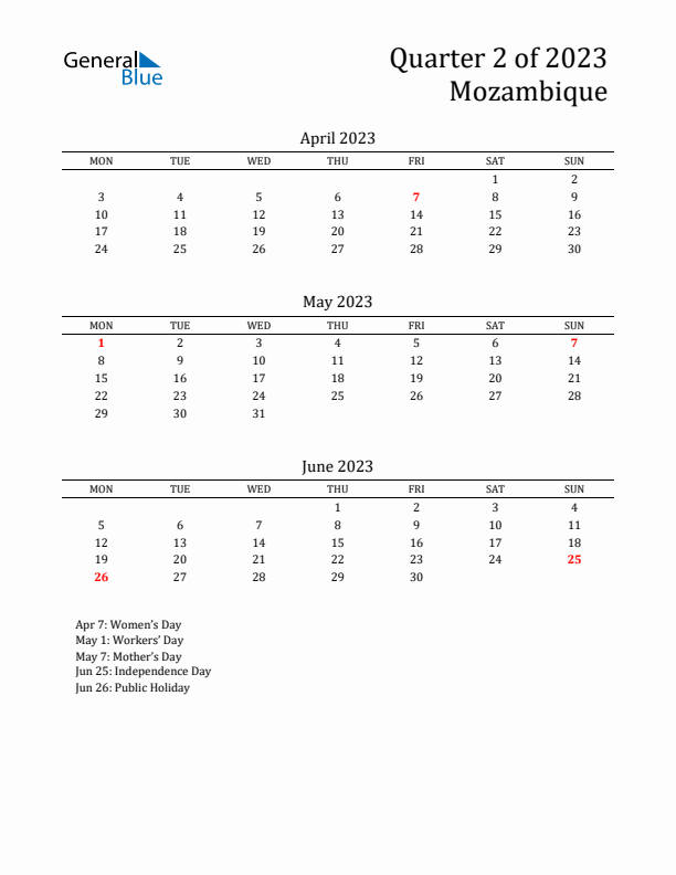 Quarter 2 2023 Mozambique Quarterly Calendar