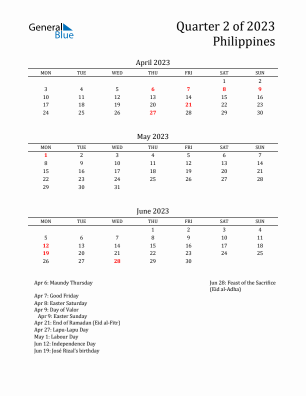 Quarter 2 2023 Philippines Quarterly Calendar