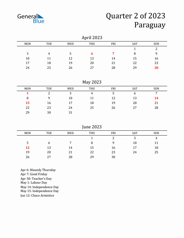 Quarter 2 2023 Paraguay Quarterly Calendar