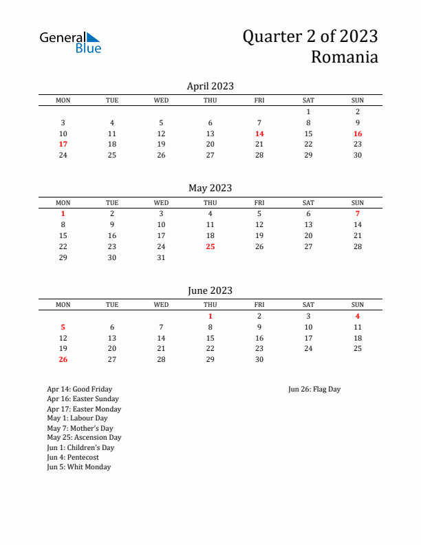 Quarter 2 2023 Romania Quarterly Calendar