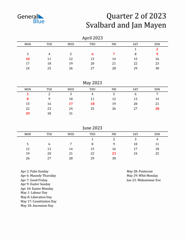 Quarter 2 2023 Svalbard and Jan Mayen Quarterly Calendar