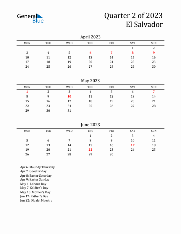 Quarter 2 2023 El Salvador Quarterly Calendar