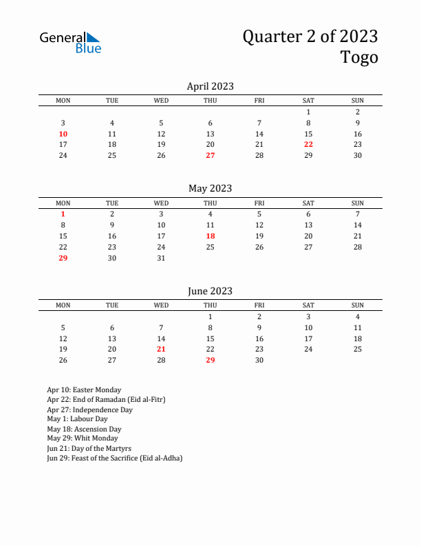 Quarter 2 2023 Togo Quarterly Calendar