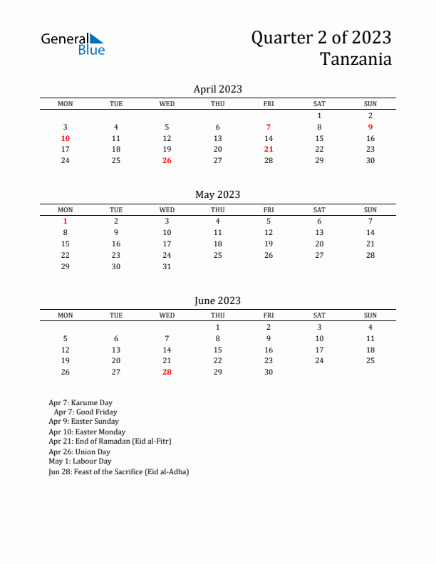 Quarter 2 2023 Tanzania Quarterly Calendar