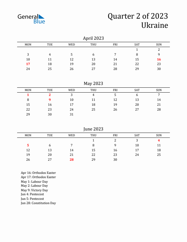 Quarter 2 2023 Ukraine Quarterly Calendar