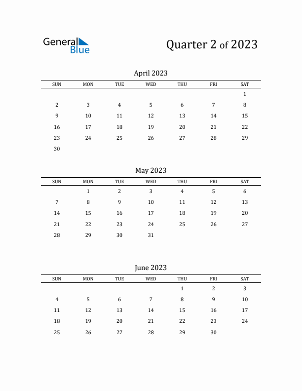 2023 Three-Month Calendar with Sunday Start - Quarter 2