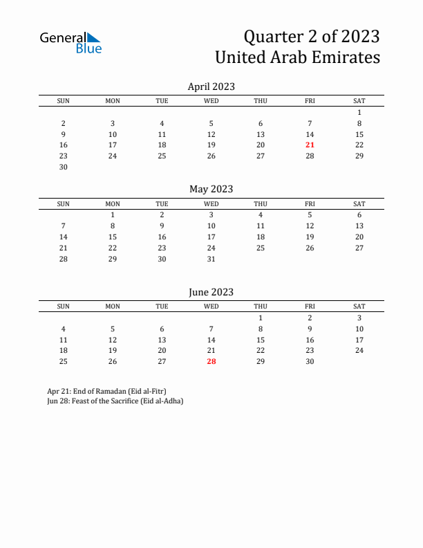 Quarter 2 2023 United Arab Emirates Quarterly Calendar