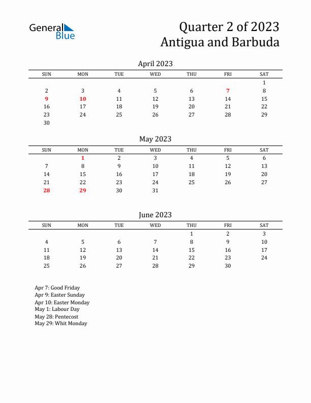 Quarter 2 2023 Antigua and Barbuda Quarterly Calendar