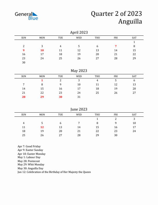 Quarter 2 2023 Anguilla Quarterly Calendar