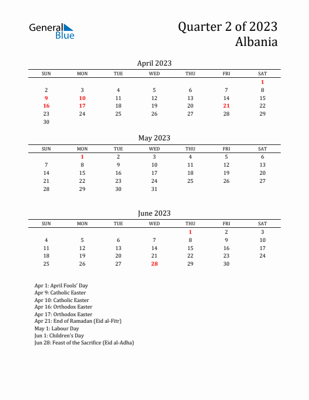 Quarter 2 2023 Albania Quarterly Calendar