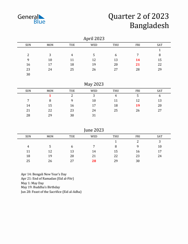 Quarter 2 2023 Bangladesh Quarterly Calendar