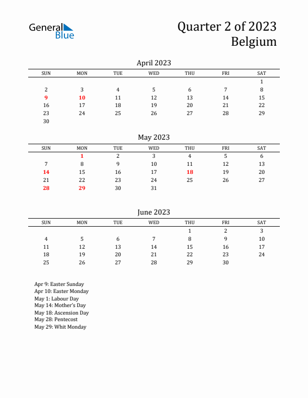 Quarter 2 2023 Belgium Quarterly Calendar