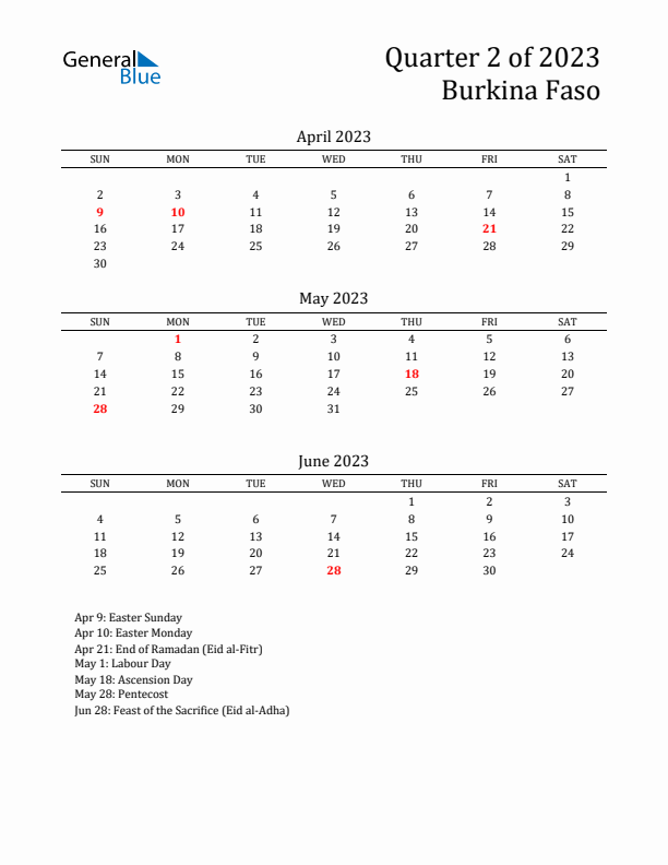 Quarter 2 2023 Burkina Faso Quarterly Calendar