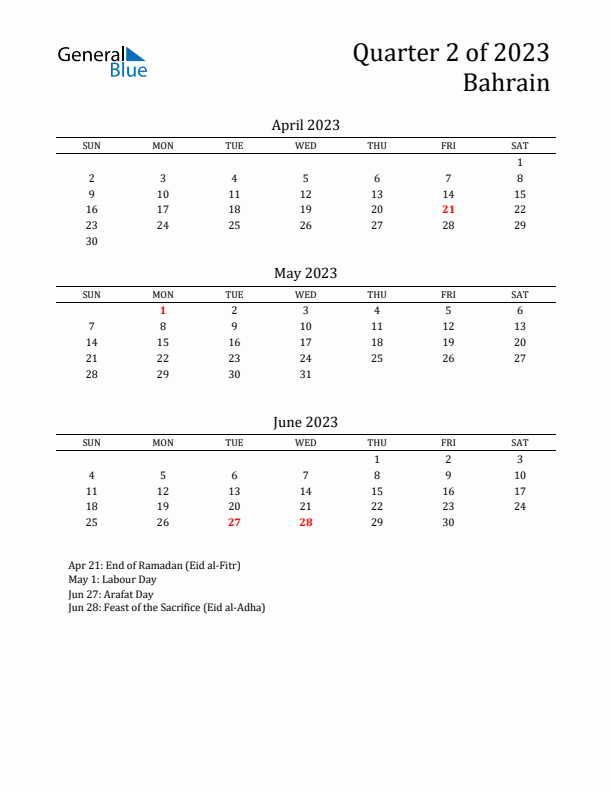 Quarter 2 2023 Bahrain Quarterly Calendar