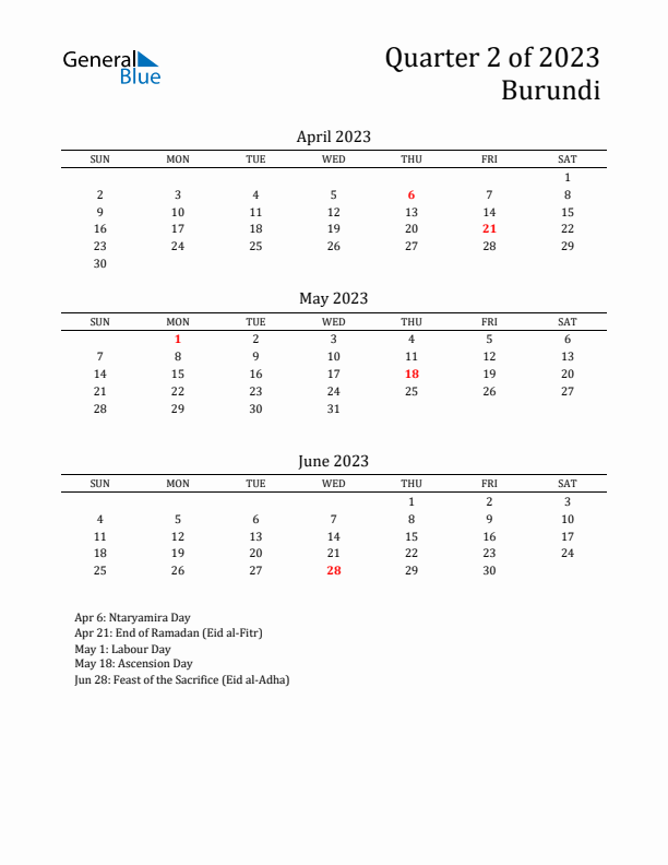 Quarter 2 2023 Burundi Quarterly Calendar