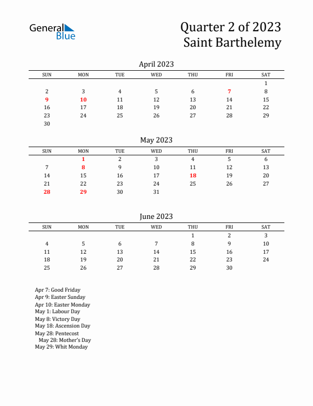 Quarter 2 2023 Saint Barthelemy Quarterly Calendar