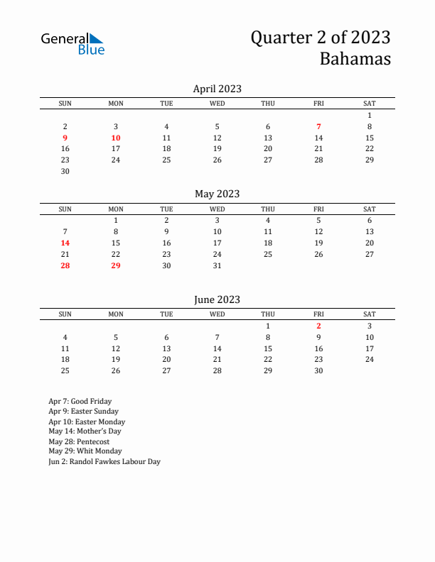 Quarter 2 2023 Bahamas Quarterly Calendar