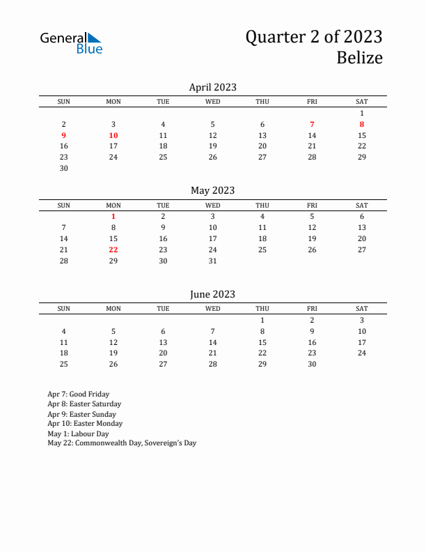 Quarter 2 2023 Belize Quarterly Calendar