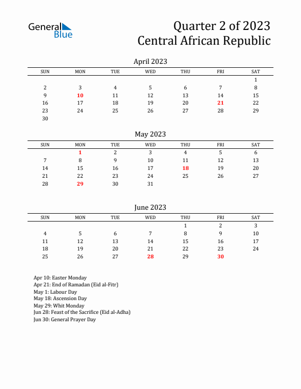 Quarter 2 2023 Central African Republic Quarterly Calendar