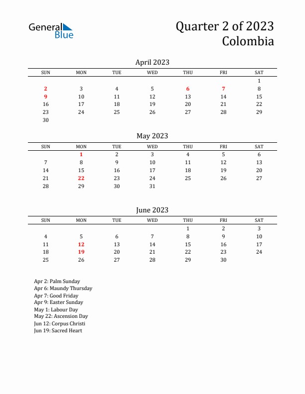 Quarter 2 2023 Colombia Quarterly Calendar