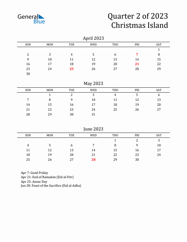 Quarter 2 2023 Christmas Island Quarterly Calendar