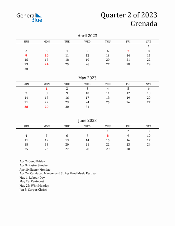 Quarter 2 2023 Grenada Quarterly Calendar