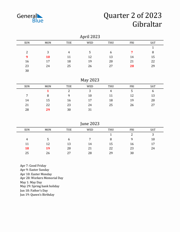 Quarter 2 2023 Gibraltar Quarterly Calendar