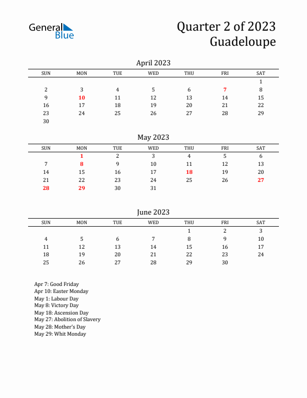 Quarter 2 2023 Guadeloupe Quarterly Calendar