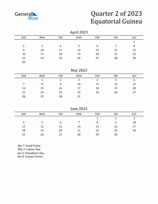 Quarter 2 2023 Equatorial Guinea Quarterly Calendar
