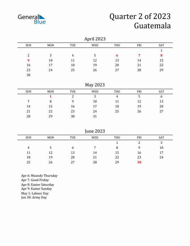 Quarter 2 2023 Guatemala Quarterly Calendar