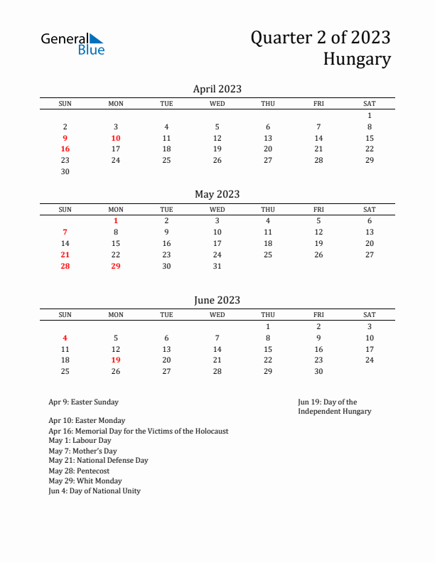 Quarter 2 2023 Hungary Quarterly Calendar