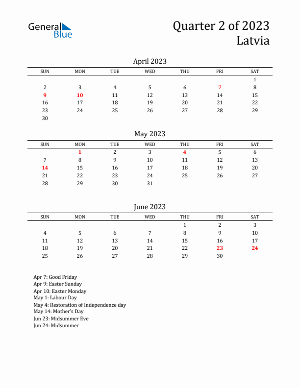 Quarter 2 2023 Latvia Quarterly Calendar