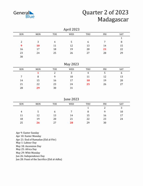 Quarter 2 2023 Madagascar Quarterly Calendar